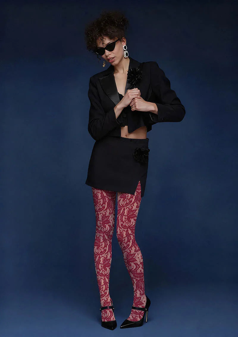 Viken Plan Lace Print Rose Grid Tights Hosiery Pantyhose