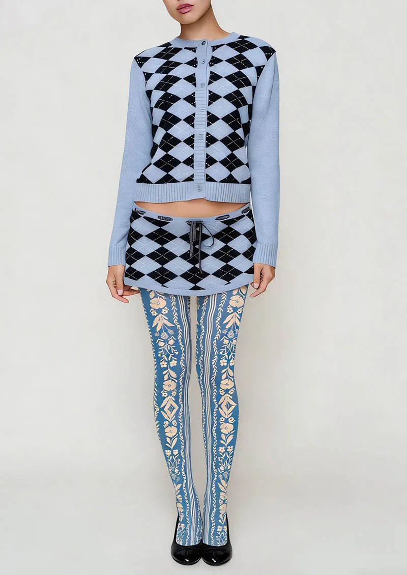 Viken Plan Floral pattern Blue Filigree Tights Hosiery Pantyhose